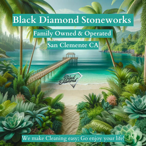 Tropical setting with Black Diamond Stoneworks logo, dock, and lush greenery illustrating family-owned business vibe in San Clemente CA.