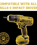 Yellow Paw cordless drill with yellow outline on black background; drill bit in chuck.