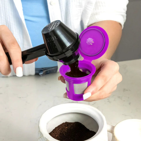 Two Item Bundle With Reusable K Cup Coffee Filters Four Pack And EZ Scoop 2 Tbsp Scoop With Integrated Funnel in use