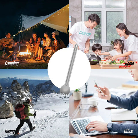 Ultra Lightweight Titanium Long Handle Spork And Spoon Set for outdoor camping, home cooking, hiking, and office use.