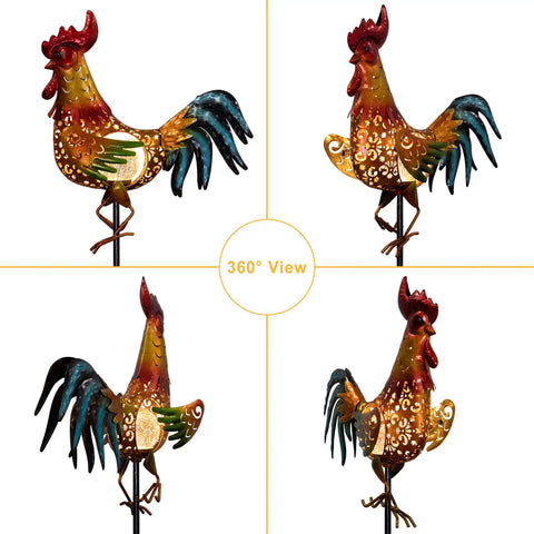 Rooster Solar Lights Outdoor Decor For Garden Yard Art Statue, 360-degree view, metal, chicken lover gift, easy solar power