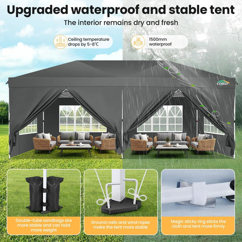 10x20 Pop Up Canopy Tent With One Push Easy Up Frame, 6 Removable Sidewalls, Built In Air Vent, Waterproof UV50 Plus, Commercial Grade Canopy, Gray
