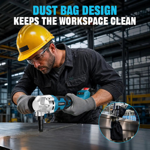 Heavy Duty Cordless Metal Nibbler With 30k Rpm Power For Cutting Steel Sheet Up To 18 Gauge And Aluminum in use with dust bag.