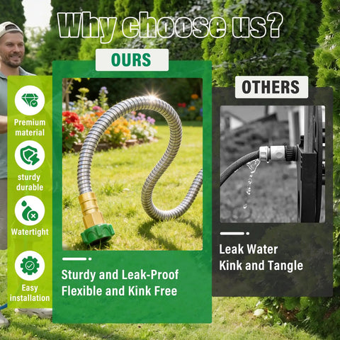 Comparison of 2 Ft Garden Hose With Female To Male Metal Connector 304 Stainless Steel Leader Hose For Hose Reels, Flexible And Kink Free, Lightweight No Leak Outdoor Water Pipe Extension Adapter Includes Washers And Seal Tape with competing product displaying flexible and leak-free features.