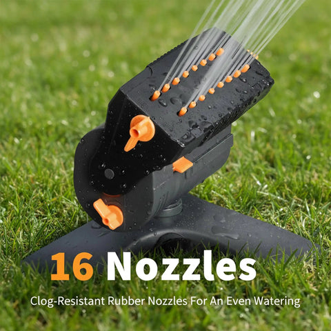 Mini Turbo Oscillating Garden Sprinkler With Large Base 16 Nozzles Adjustable Width And Range Three Watering Modes Gray on lawn