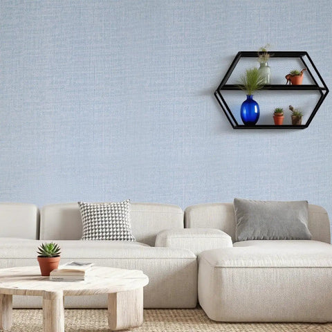 Living room featuring Light Blue Faux Grasscloth Peel And Stick Wallpaper 15.7x120 Inches Self Adhesive Contact Paper with textured fabric look.