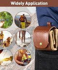 Foraging Bag For Outdoors Grab And Go Waxed Canvas Pouch attached to belt, collage showing various outdoor activities.