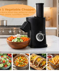 7-in-1 Electric Vegetable Chopper And Mincer With 7 Stainless Steel Blades For Fast Slicing Dicing And Shredding Of Potatoes Onions Carrots And Cheese on kitchen counter.