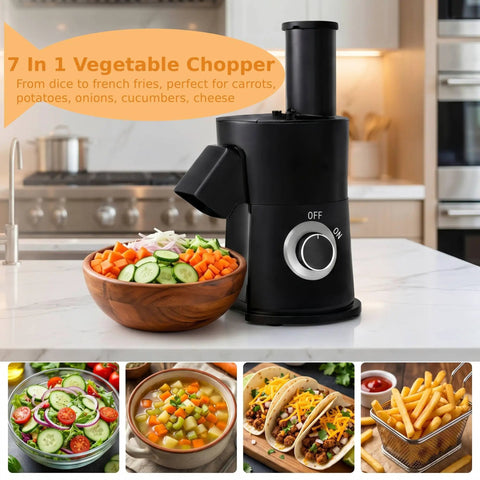 7-in-1 Electric Vegetable Chopper And Mincer With 7 Stainless Steel Blades For Fast Slicing Dicing And Shredding Of Potatoes Onions Carrots And Cheese on kitchen counter.