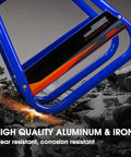 Close-up of Detachable Universal Motorcycle Stand With Anti-Skid Support, heavy-duty metal frame, blue color with decal details.