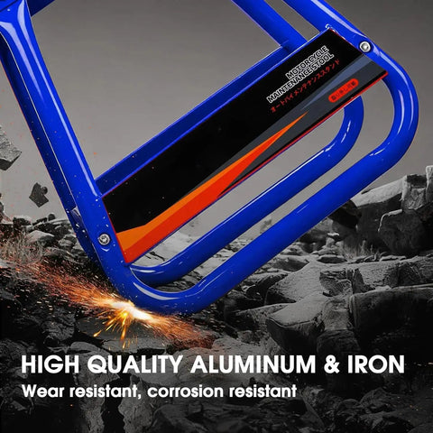 Close-up of Detachable Universal Motorcycle Stand With Anti-Skid Support, heavy-duty metal frame, blue color with decal details.