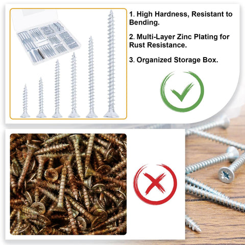 Wood Screws Assortment Kit With Organizer Box For Wood And Drywall, 190 Pcs PosiDriv Flat Head Sheetrock Screws displayed with features