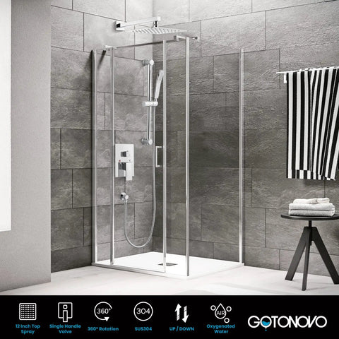 Modern bathroom with 12 Inch Shower Faucet Set With Slide Bar, Rain Shower Head And Handheld Spray, polished chrome finish