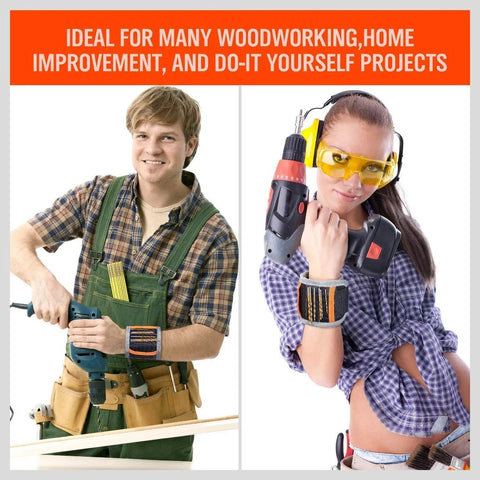 Two people using a Magnetic Wristband With 10 Strong Magnets For Screws Nails And Drill Bits Hands Free Tool Belt Accessory For DIY Projects Perfect Stocking Stuffers Gift For Men Dad Valentines Day during woodworking projects.