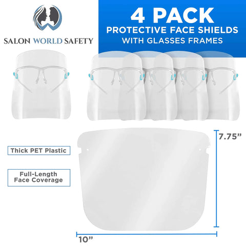 4 Pack Safety Face Shields With Glasses Frames Ultra Clear Protective Full Face Shields Anti Fog PET Plastic Droplet Splash Guard