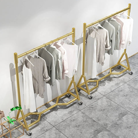 Heavy Duty Industrial Clothes Rack With Wheels Iron Single Pole Display Stand For Bedroom And Laundry shown with garments