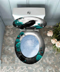Round Decorative Toilet Seat for Bathroom featuring black crow and teal roses, top view, fits standard toilet sizes.