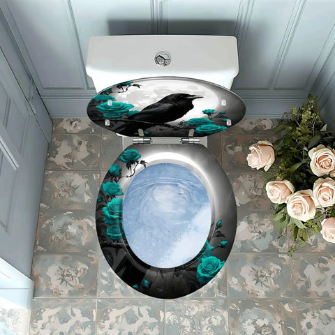 Round Decorative Toilet Seat for Bathroom featuring black crow and teal roses, top view, fits standard toilet sizes.