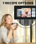 Woman enjoying a cup of coffee with Super Automatic Espresso Machine With 20 Bar Pressure Pump And Built In Burr Grinder on display.