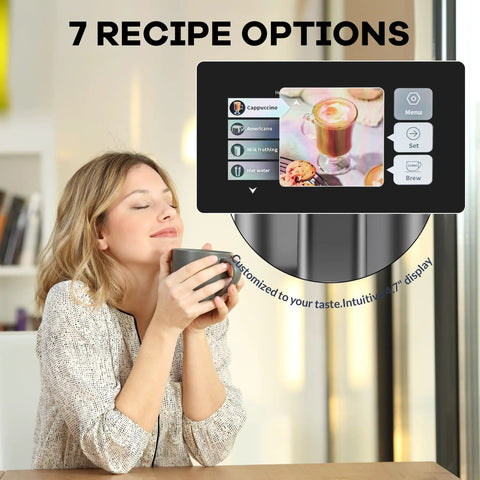 Woman enjoying a cup of coffee with Super Automatic Espresso Machine With 20 Bar Pressure Pump And Built In Burr Grinder on display.