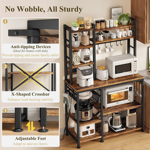 Rustic Brown Baker Rack With Power Outlet Microwave Stand With Storage Large Coffee Bar Station And 14 Hooks Metal Kitchen Shelf