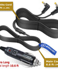 Black dual screen car charger and AC DC power adapter for portable DVD players, extra long length with 9V-12V output.