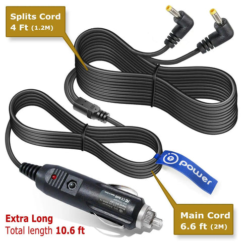 Black dual screen car charger and AC DC power adapter for portable DVD players, extra long length with 9V-12V output.