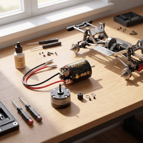 Universal 540 Brushed RC Car Motor With One Third Reduction Planetary Gear System 13T 80T parts on wooden table