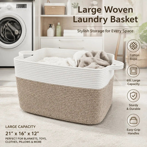 Super Roomy 65 Liter Woven Rope Laundry Basket With Sturdy Handles Holds Down A Ton Of Throw Blankets Pillows Toys And Dirty Clothes Solid Choice For Dorms Closets And Bathrooms