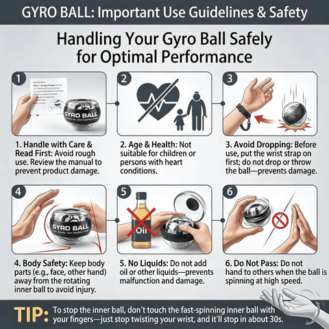 Grip Strength Gyro Ball Exerciser With LED Lights No Batteries Needed Portable Carry Bag For Wrist Forearm Strengthening And Hand Training Torque Ball For Fingers Grip Muscles And Arm Workout safety guide infographic with gyro ball steps