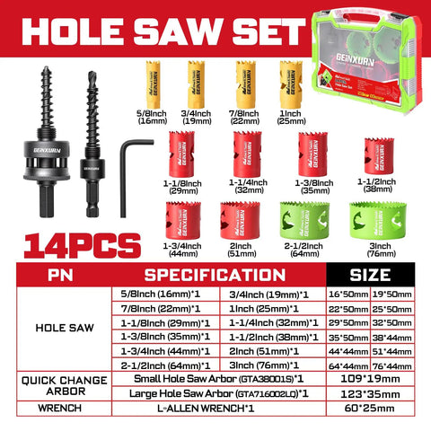 Pro Grade 15 Piece Hole Saw Kit Five Eighths Inch To Three Inches With Mandrel And Hex Wrench HSS Bi Metal Shark Tooth Cutters