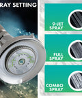 Earth Luxe High Efficiency Showerhead With 1.25 GPM Flow Chrome Finish showing 9-jet, full, and combo spray settings