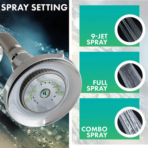 Earth Luxe High Efficiency Showerhead With 1.25 GPM Flow Chrome Finish showing 9-jet, full, and combo spray settings