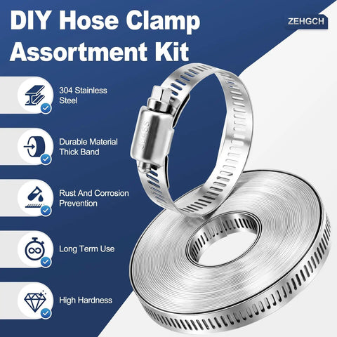 DIY Adjustable Stainless Steel Hose Clamp Kit With 25 Pieces, Heavy Duty Worm Gear Clamps showing coiled band and fastener.