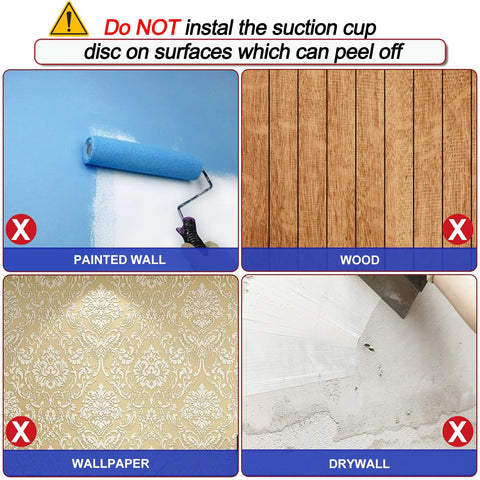 Image showing surfaces unsuitable for Suction Cup Hooks: painted wall, wood, wallpaper, and drywall, with warning text.