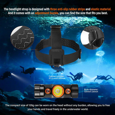 Hands Free Diving Headlamp 1200 Lumen Scuba Light With 5 Modes Dual Color White Red IP68 Waterproof Up To 150m strap design