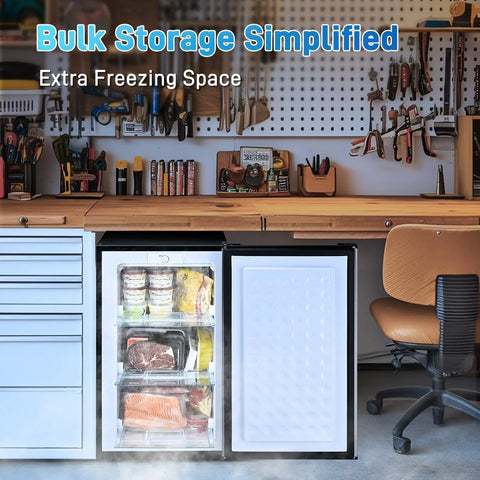 Slick 3 Cu Ft Mini Upright Freezer Boasts Three Smooth Pull Down Drawers For Rapid Cooling In A Bright Silver Finish.