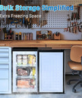 Compact Upright Freezer 3 Cu Ft Mini Standalone Cooler With Three Pull Down Drawers And Adjustable Thermostat visible in garage with frozen foods.