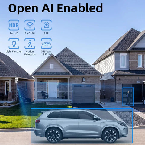 Open AI Enabled Dual Band Bulb Security Cam With 5G And 2.4G WiFi, monitoring house exterior with parked vehicle.