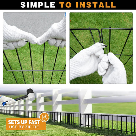 Installation of 45.33Ft No Dig Pet Barrier Fence With 32 Panels For Rabbits And Dogs Rustproof Metal Border, using tools and zip ties.