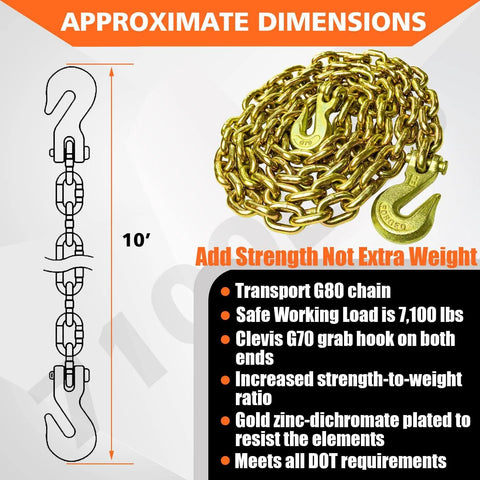 Image showing G80 Transport Binder Chain Three Eighths Inch Ten Foot Clevis Grab Hooks Safe Working Load 7100 Lbs For Tie Down Towing.
