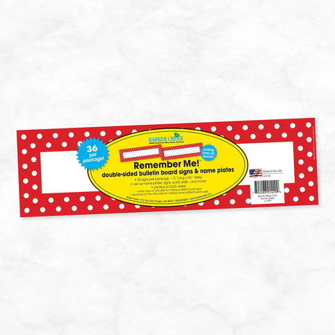 Double Sided Desk Nameplates And Bulletin Board Signs In Red And White Dots No Fuss Multi Purpose Classroom And Office Labels 3.5 By 12 Inch Desk Tags Easy To Use Pack Of 36 in packaging, red background with white dots.