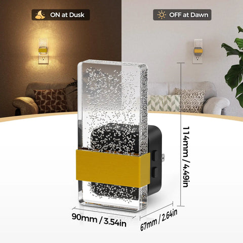 Product image showing Plug In Night Lights 4 Pack With Dusk To Dawn Sensor; 8 RGB colors; size details; night and day view.
