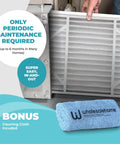 High Performance MERV 11 Air Filter For HVAC AC Furnace 20x25x4 with bonus cleaning cloth, installed view in home setting.