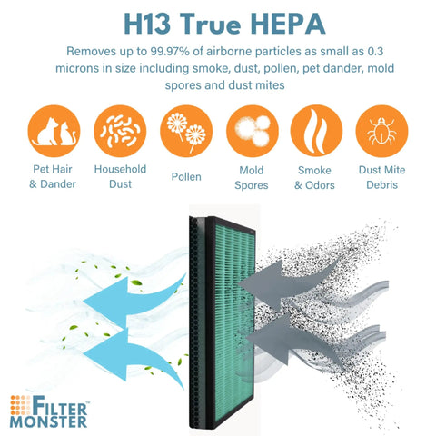 Illustration of HEPA filter capturing particles, highlighting Replacement Carbon Filter Set for Coway Airmega 400 and 400S Air Purifiers