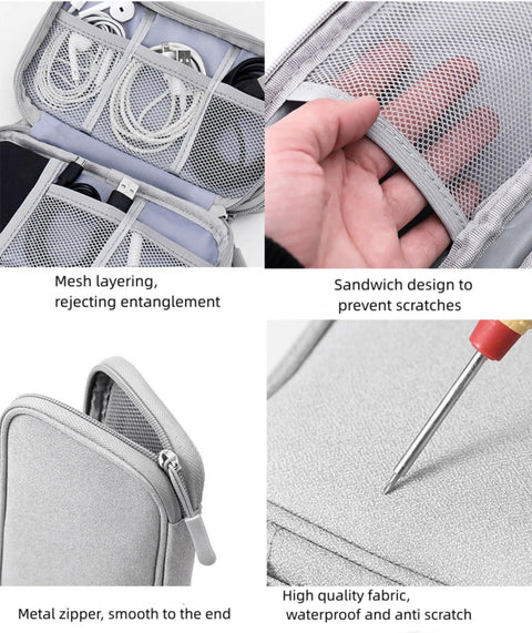 Waterproof Travel Electronics Organizer Bag For Cables And Accessories Durable Pouch showing compartments for USB cables, chargers, with waterproof fabric detail.