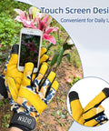 Cowhide Leather Gardening Gloves For Women And Men Tough As Nails Thorn Proof Puncture Resistant Work Gloves With Touchscreen Compatibility shown holding a smartphone in a garden.