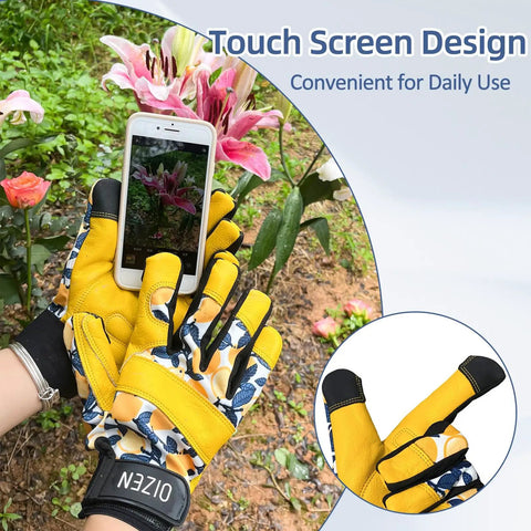 Cowhide Leather Gardening Gloves For Women And Men Tough As Nails Thorn Proof Puncture Resistant Work Gloves With Touchscreen Compatibility shown holding a smartphone in a garden.