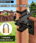 Heavy Duty Self Locking Gate Latch Post Mount For Wood And PVC Fences on wooden post with black powder-coated metal finish.