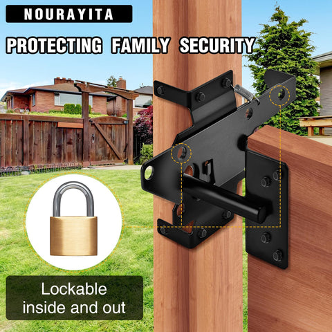 Heavy Duty Self Locking Gate Latch Post Mount For Wood And PVC Fences on wooden post with black powder-coated metal finish.